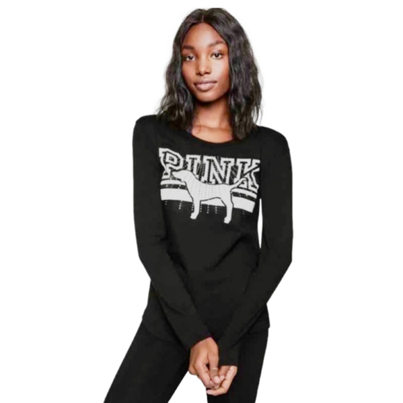 PINK Victoria's Secret Tops - PINK Victoria’s Secret Black Rhinestone Dog Long Sleeve Tee NWOT